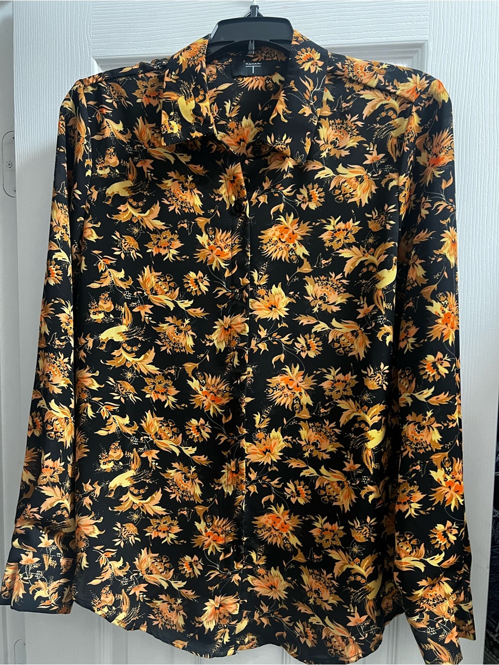Tahari Black Button-Down Shirt with Orange Floral Print